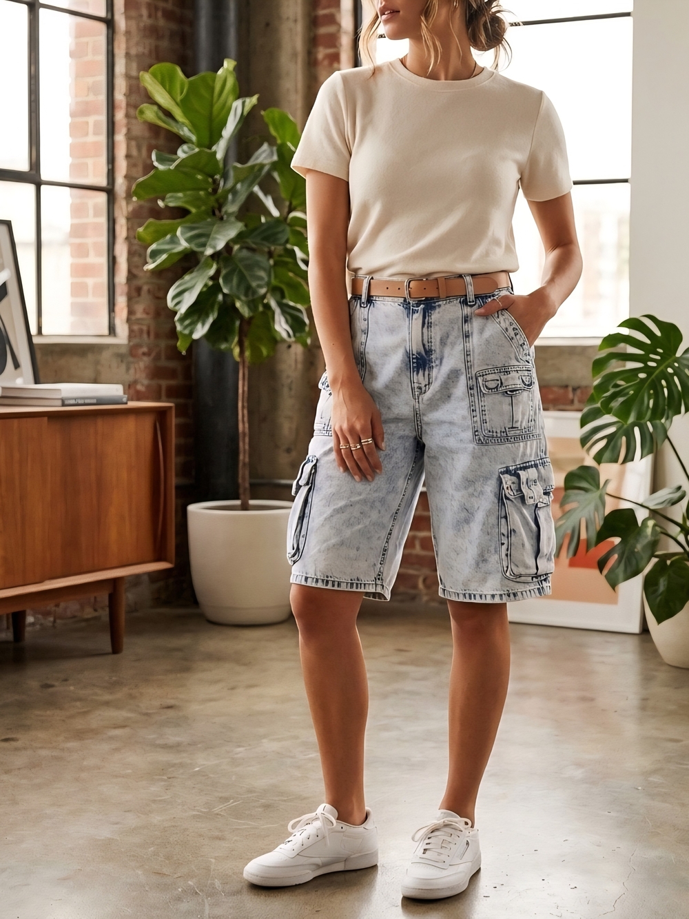 Oli & Hali Light Acid-Wash Denim Cargo Shorts with Cream Tee